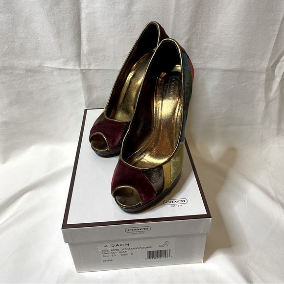 Coach Diedra Pumps, Multi Velvet Logo, Platform Peep Toe Pumps. Size 6.5 - Picture 3 of 4